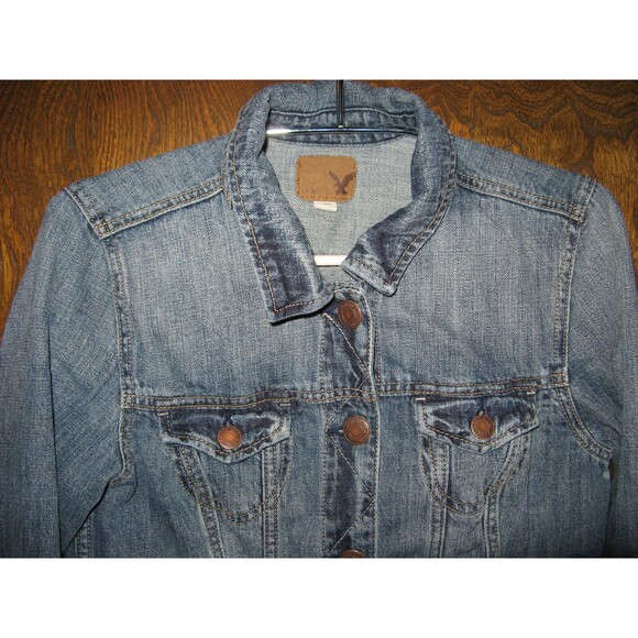 Vintage American Eagle 4 Pocket Blue Jean Denim Jacket Girls Youth M Distressed - Picture 2 of 3